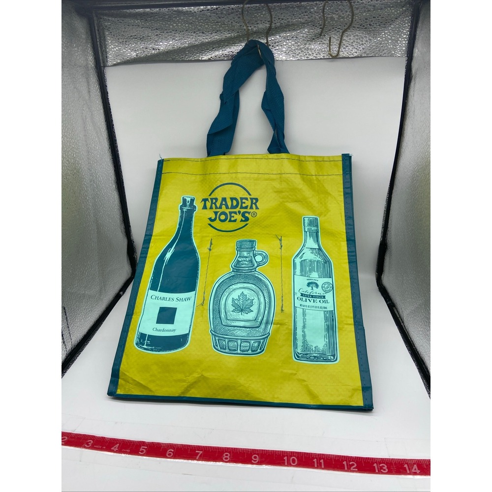 Trader Joes Reusable Grocery Bag Yellow‎ Blue Wine Bottles Maple Syrup Olive Oil